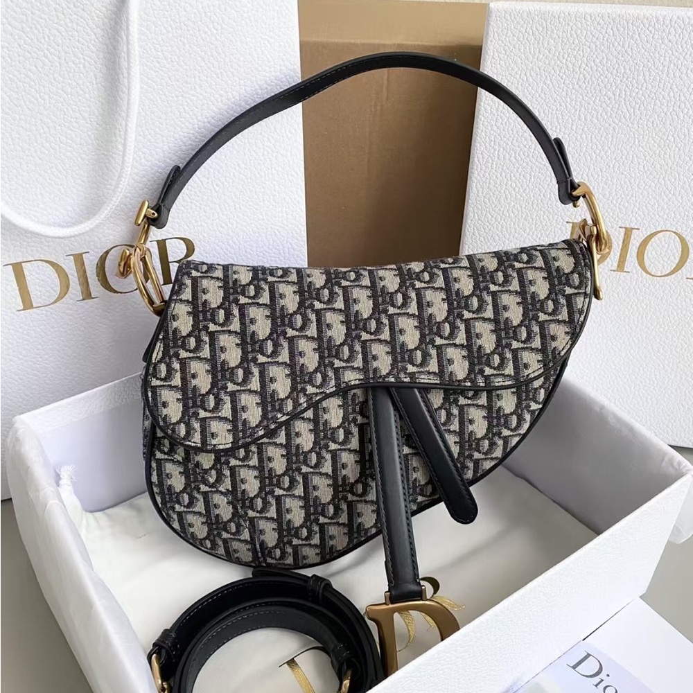 Dior Black and Cream Shoulder Bag with Iconic Saddle Design